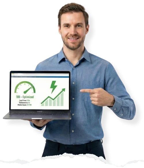 Hombre mostrando el resultado de una Web veloz